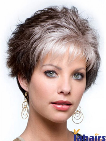 Capless Cropped Grey Wavy Synthetic Wig For Elderly lady